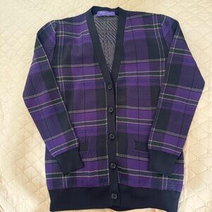 Ralph Lauren Purple Label Black and Purple Plaid Cardigan
